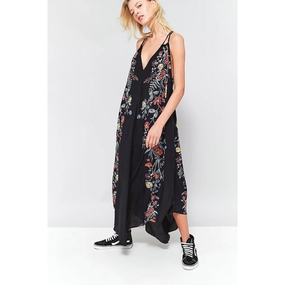 Free People Ashbury Black Embroidered Midi Dress Boho Floral XS